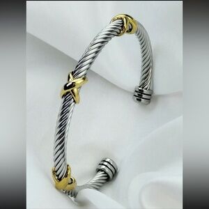 Stainless Steel silver cable wire cuff bangle with gold cross cross
